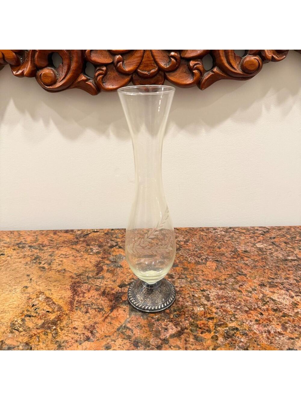 Vintage Etched Glass Bud Vase With a Weighted Sterling Silver Base